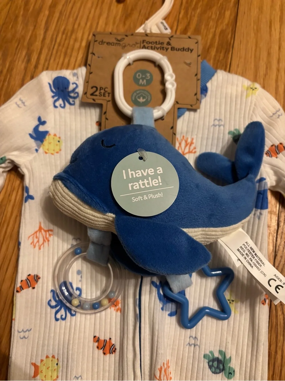 Blue Ocean Print Baby One-Piece with Whale Rattle